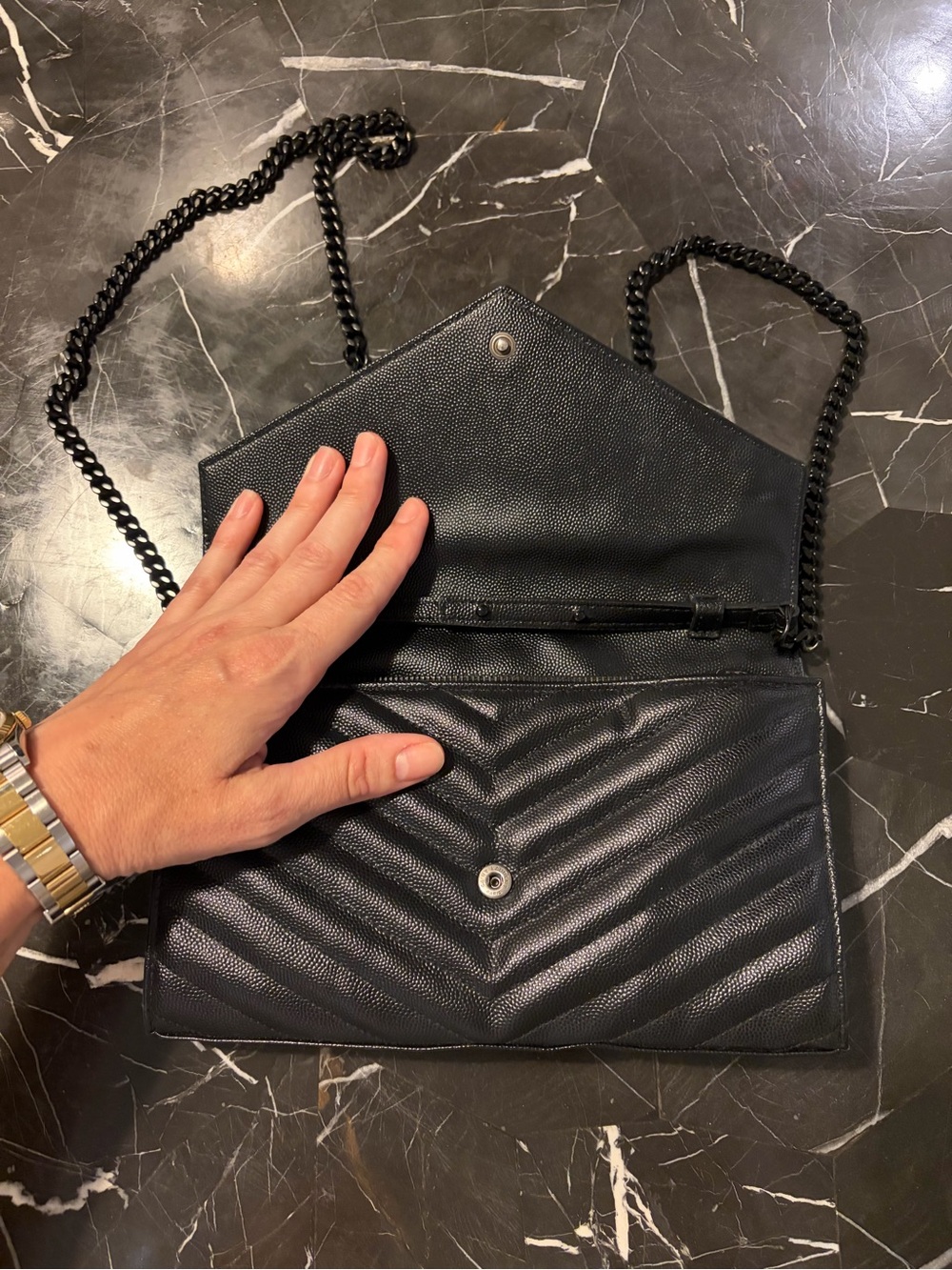 YSL / Saint Laurent - Black Chevron Quilted Leather Metal Black Chain Crossbody - Picture 4 of 14